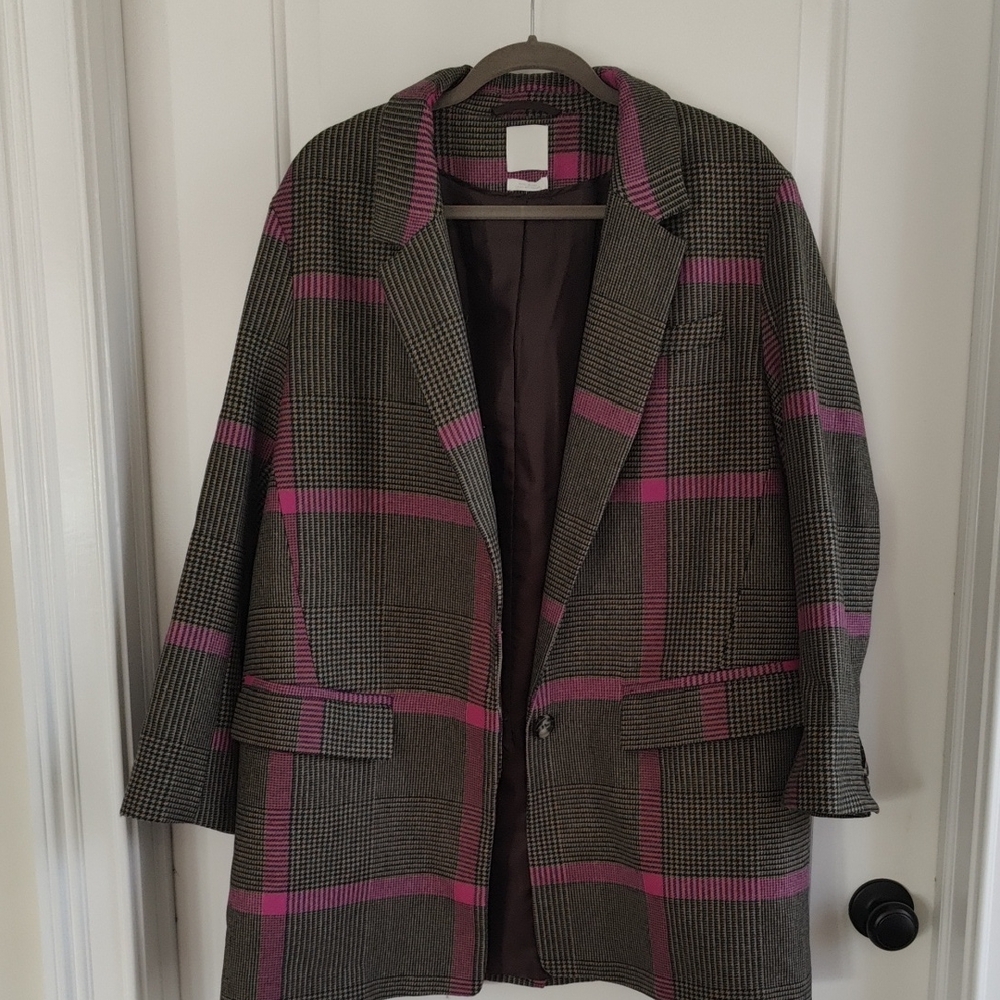 H&M Wool Women's Plaid Oversized Brown Pink and Black Blazer